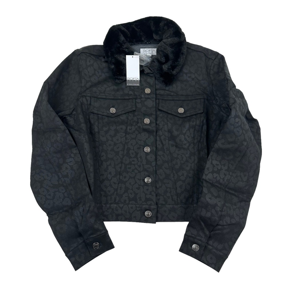 NWT Sofia Jeans Sofia Vergara Black Animal Print Jacket Removable Fur Collar L